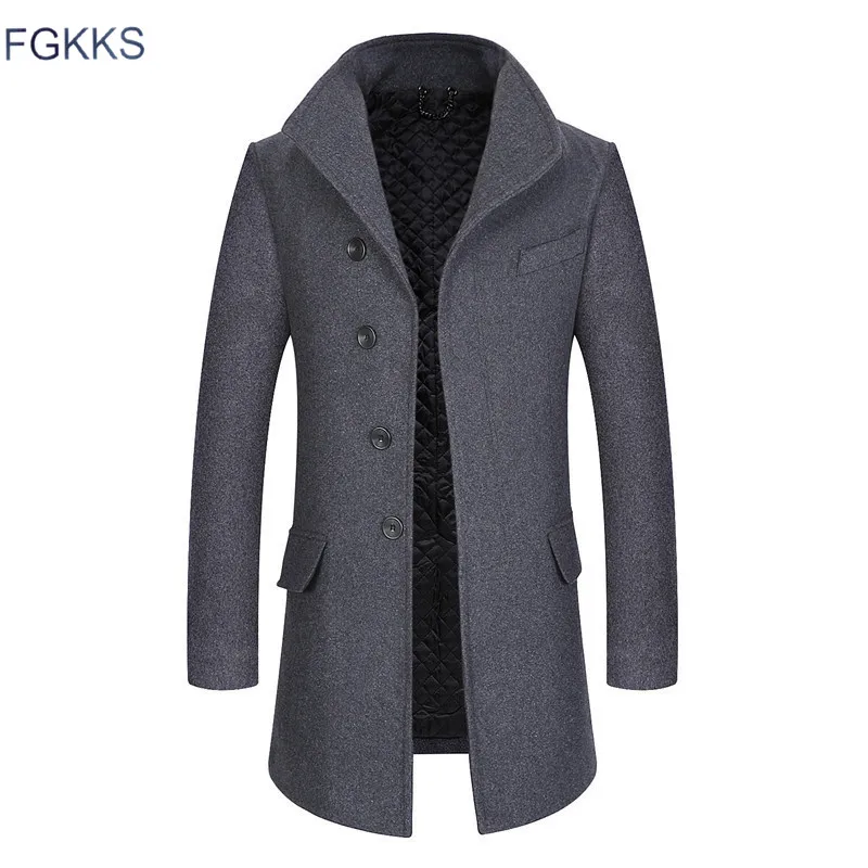 

FGKKS Men Winter Wool Coat Men's Casual Solid Color Slim Fit Warm Thick Wool Blends Woolen Pea Coat Male Trench Coat Overcoat