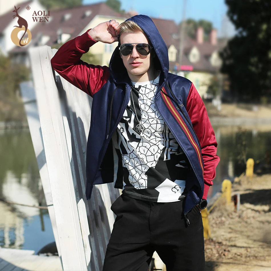 

Aoliwen Men's Hoodies 2018 Fashion Blue Hoodies Sweatshirts Red Sleeve Male Jacket Top Street Popular Zipper Clothing Size S-XXL