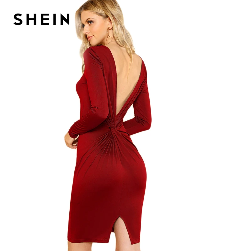 SHEIN Облегающее Платье С V-Образным Вырезом И Длинным Рукавом Вечернее Платье С Открытой Спиной