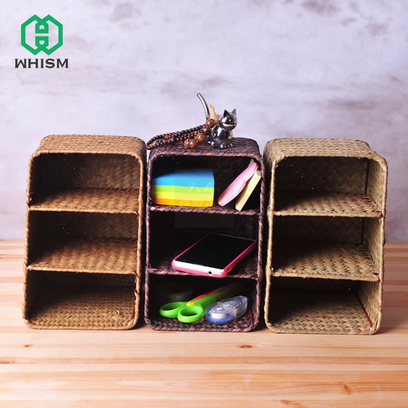  WHISM 3 Grid Seagrass Storage Box Wicker Basket Rattan Cosmetic Holder Woven Phone Organizer Handma