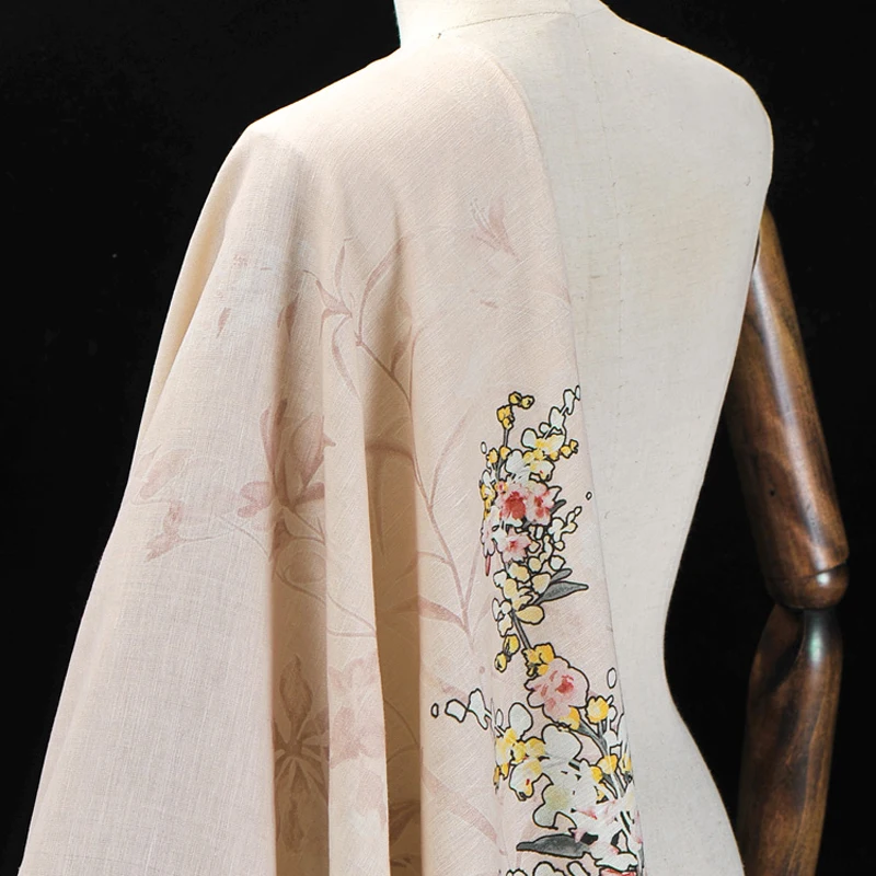 

130*135CM 35MM Floral Print Pink Silk Linen Fabric for Summer Spring Jacket Dress Shirt Clothes J169