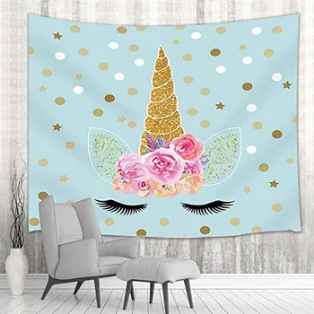 

Fantasy Unicorn Wall Tapestry, Magic Teen Girl Unicorn Head with Floral Flower in Turquoise for Kids Tapestry Wall Hanging, Wal