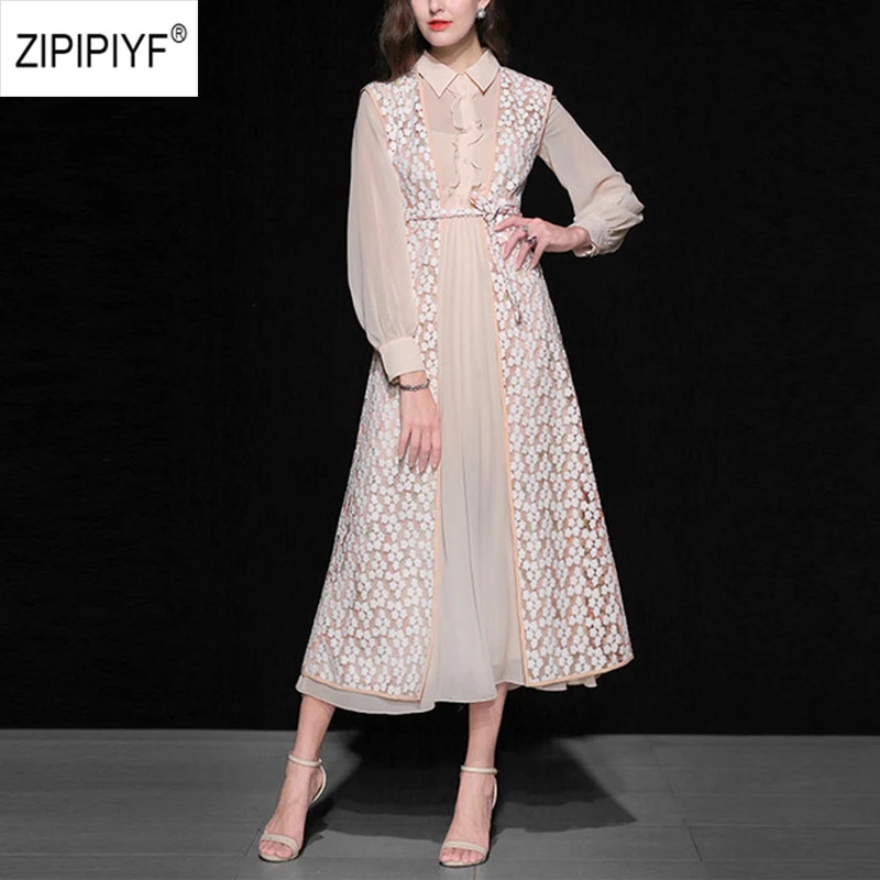 

Spring women Elegant dresses lantern sleeve floral Embroider Dress turn-down neck Chiffon dress High quality Vestido AB197