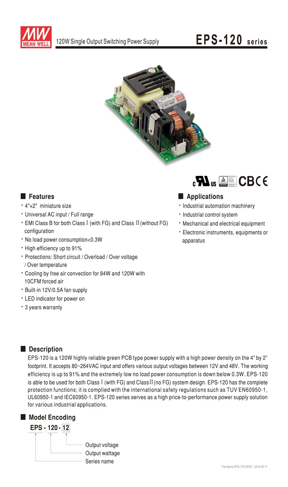 Meanwell EPS-120 с одним выходом PSU ac dc мини открытая рамка источник питания печатной платы 35 Вт 12 В/10A 15 В/8A 24 В/5A 27 в/4.5A 48 В/2.5A 120 Вт