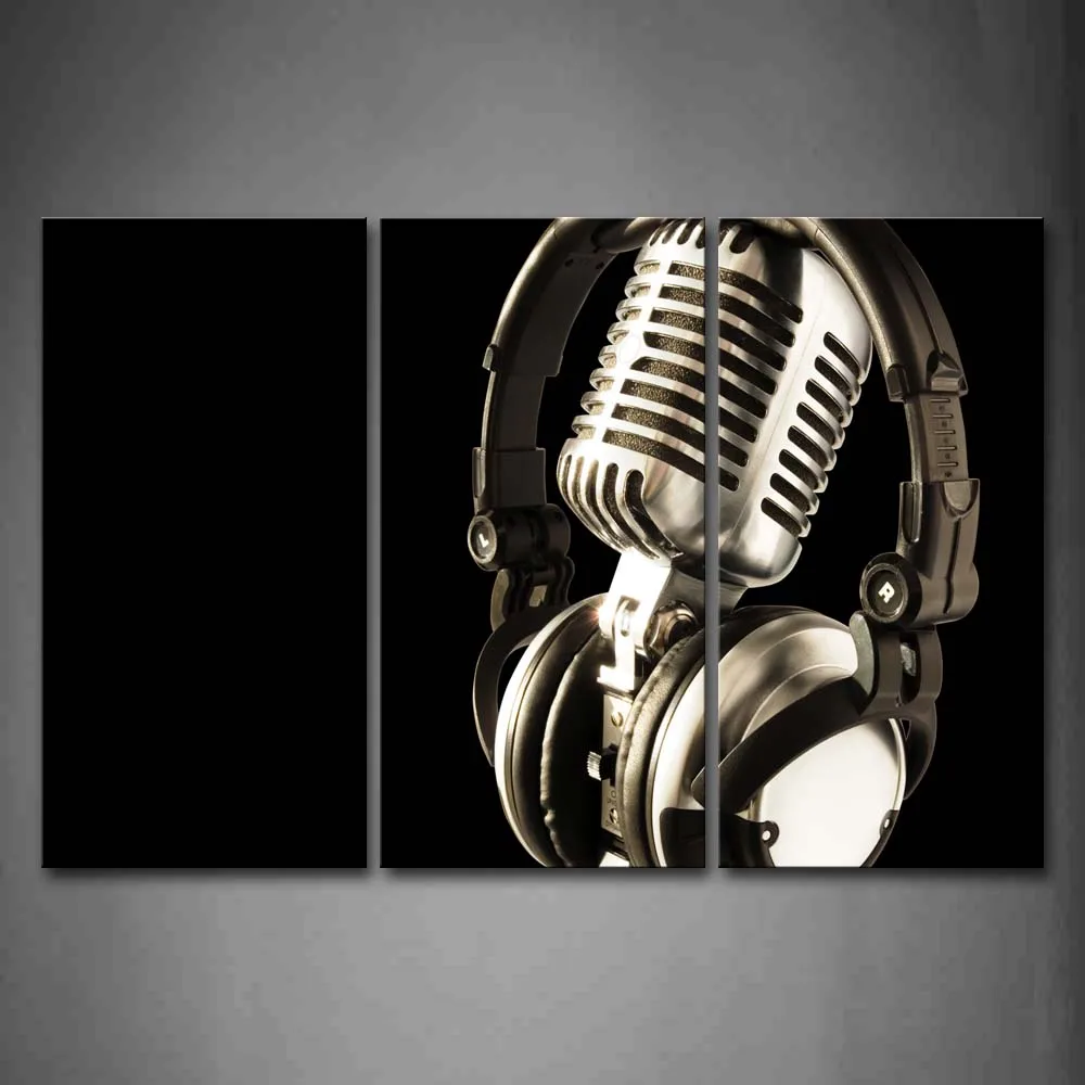 

Framed Wall Art Pictures Headphone Microphone Canvas Print Music Posters With Wooden Frame For Home Living Room Decor