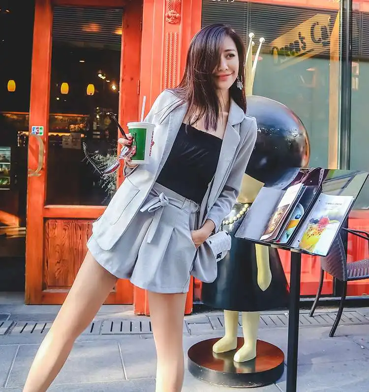 2018 Spring Summer South Korean Loose Cotton And Linen Lace Suit Waist Fashion Shorts Pant Two Pcs Suits Light Grey Femmes