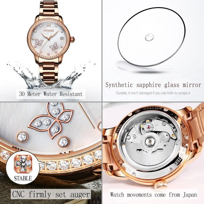 OYALIE Top brand Automatic Watch Women Mechanical Watches Rhinestone Luxury Rose gold Steel Bracelet Waterproot relogio feminino
