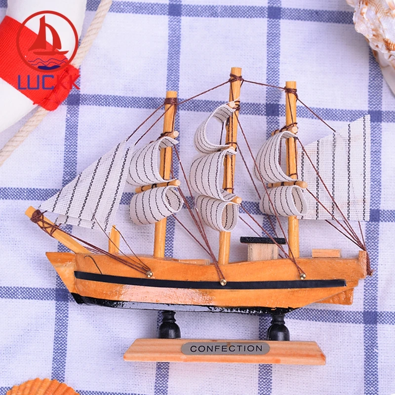 

LUCKK 14CM Wooden Model Ship Mediterranean Home Interior Offica Decoration Loft Wood Crafts Creative Nautical Ornaments Figurine