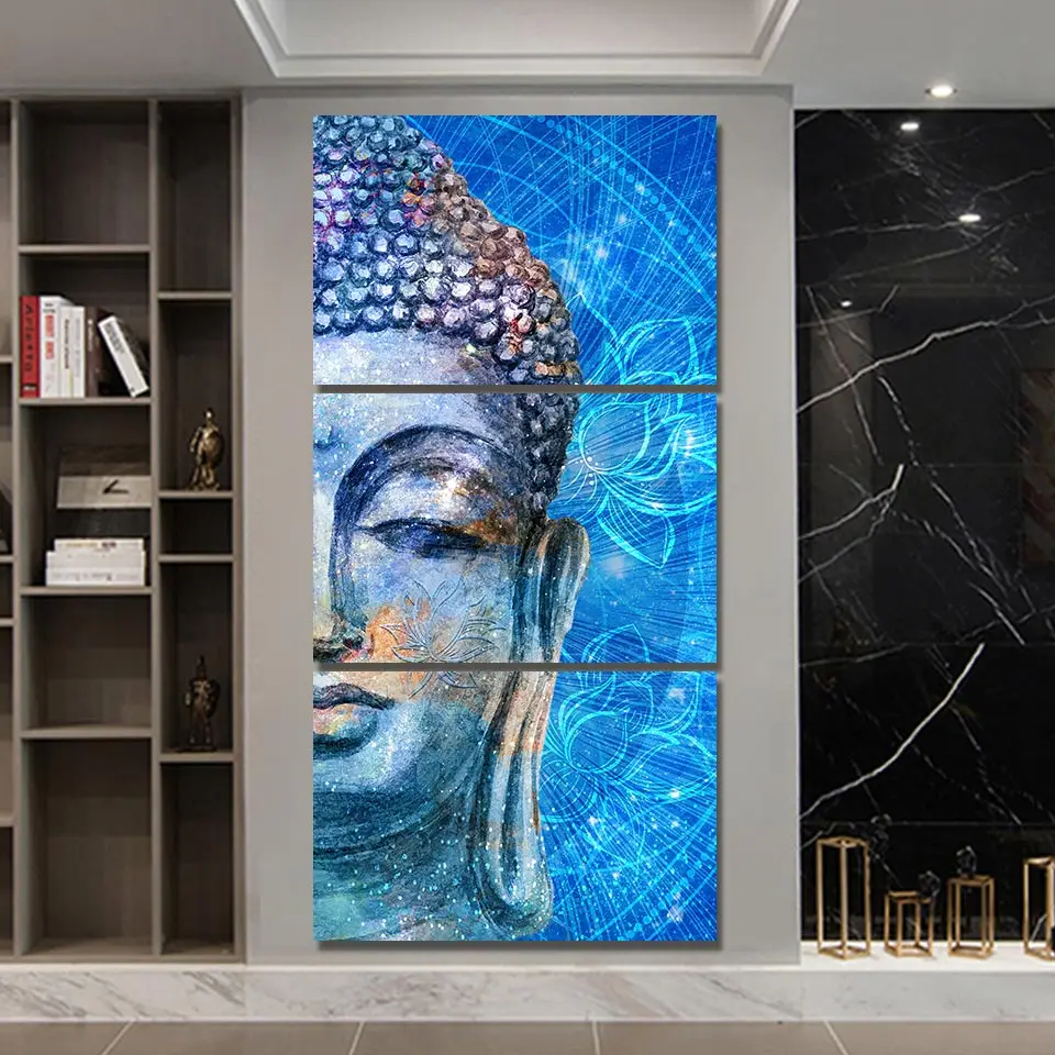 

HD printed 3 Piece Head of Lord Buddha with Lotus Canvas Blue Watercolor Buddha Canvas Prints Wall Pictures for Living Room