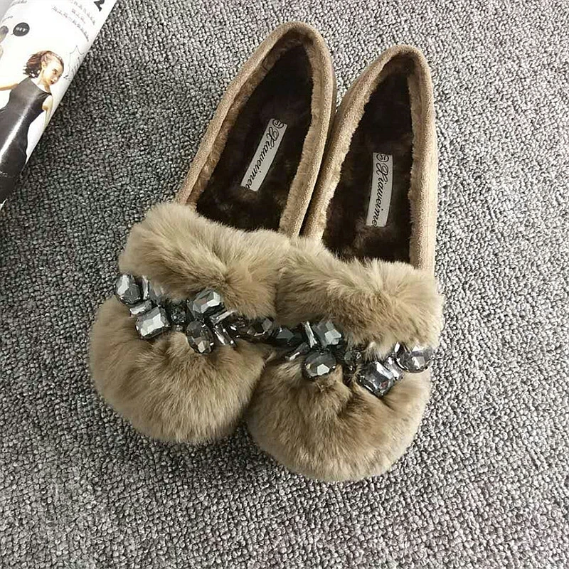 SWYIVY Really Rabbit Fur Winter Snow Shoes Loafers 2018 Winter Female Velvet Warm Casual Shoes Flats Luxury Female Fur Shoes 42