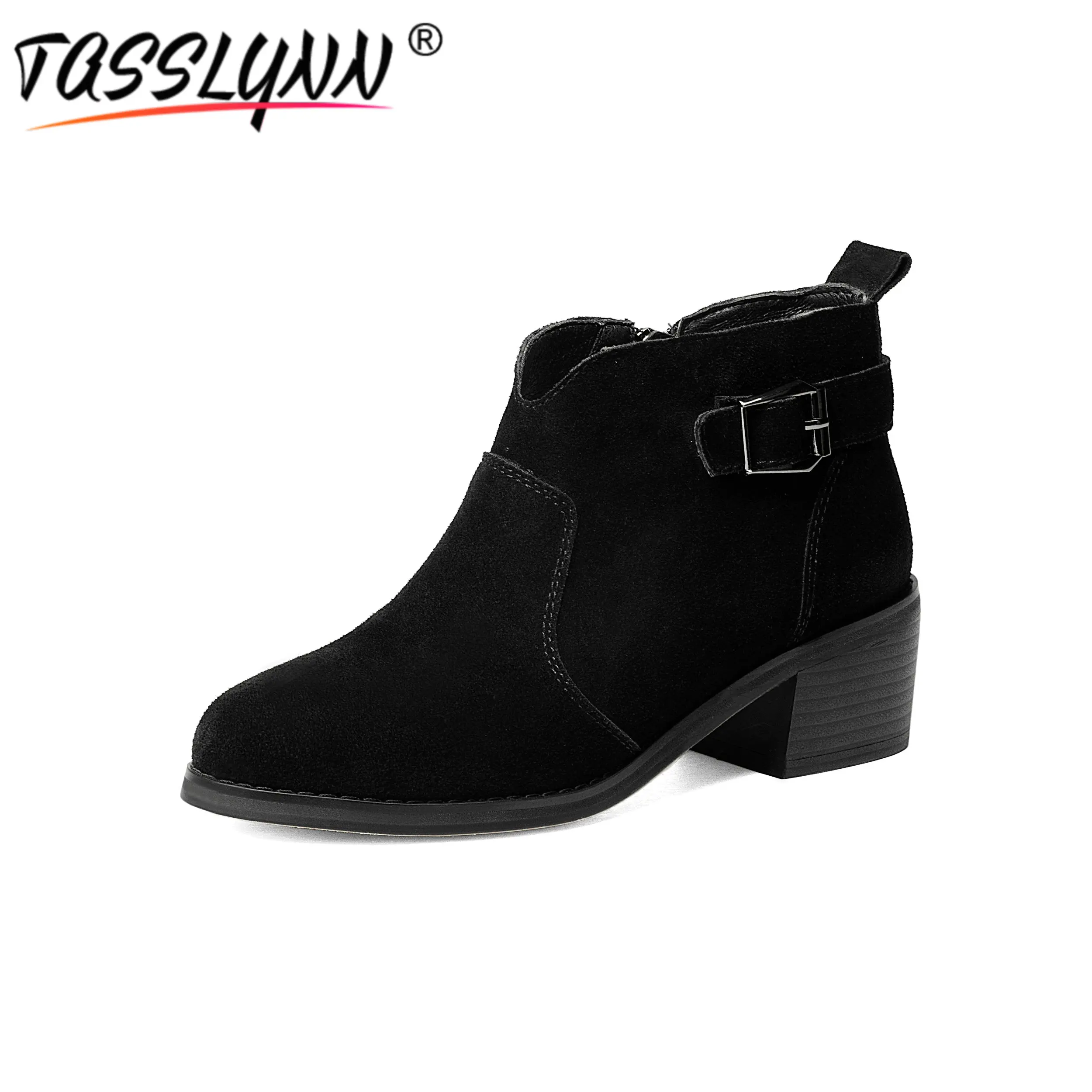 

TASSLYNN 2018 Fashion Buckle Women Boots Cow Suede Woman Shoes Square Heels Ankle Boots Round Toe Concise Lady Shoes Size 34-43