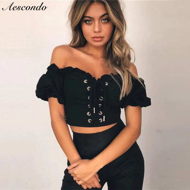 

Aescondo Sexy Bandage Ruffles Off Shoulder Short Crop T-shirts Women 2018 Summer Ins Puff Sleeves Lace Buttons Cropped Tees Tops
