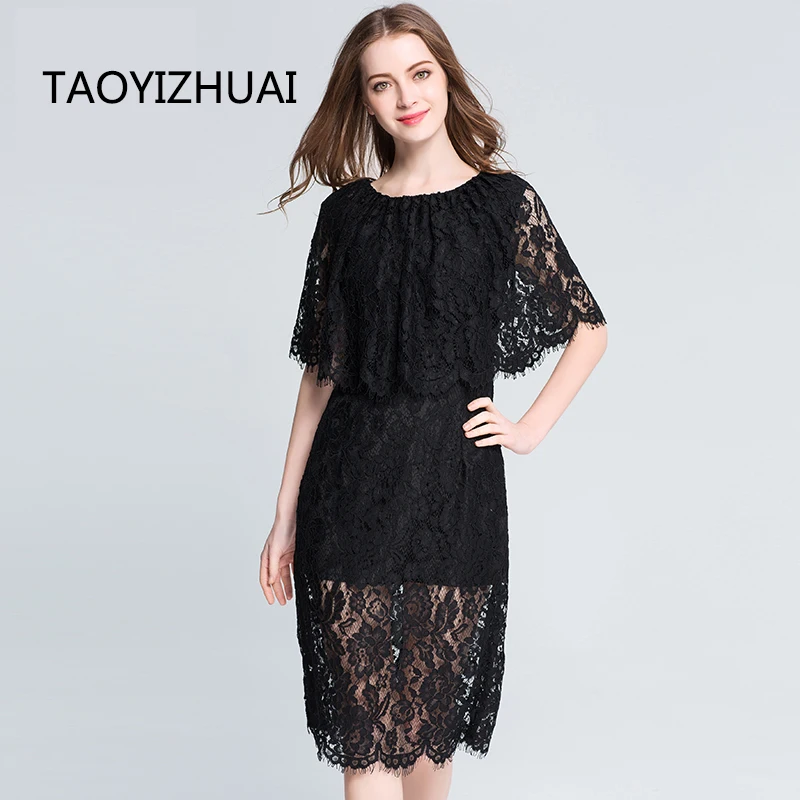 

TAOYIZHUAI Summer straight Natural Factors Half Knee Length O Neck Cloak sleeves Hollow Out solid casual style women dress 11520