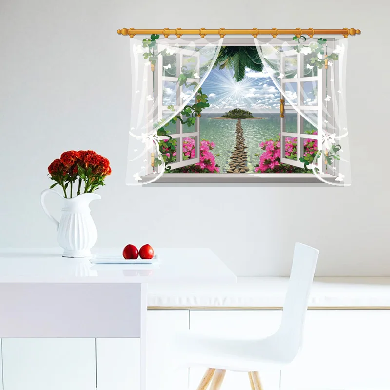 3D Window View Seascape Wall Sticker Home Decor Living Room Lace
