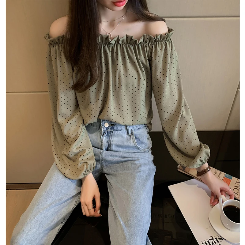 

New Spring Vintage Women Shirts Full Sleeve Polka Dot Chiffon Blouse Shirt Green Apricot 1020