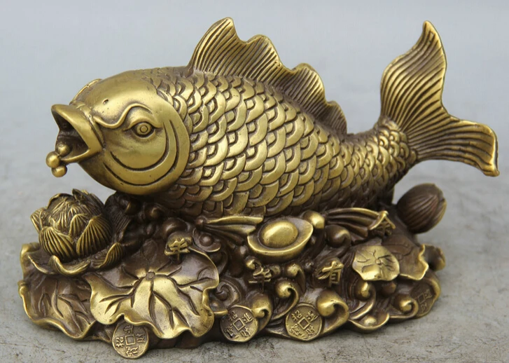 

JP S0524 8" Chinese Copper Wealth Money lotus leaf flower Fish barracuda Statue sculpture B0403