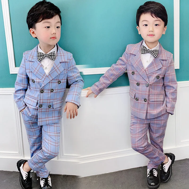 

2019 Spring Formal Children's Suit Sets Boy Plaid Blazer Pants 2pcs Outfits Kids Piano Performance Party Wedding Costume