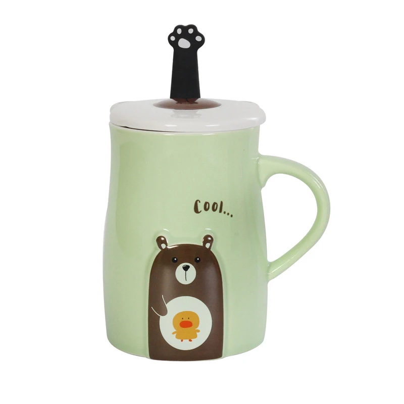 2.5Cute cartoon bear mug embossed ceramic mug with lid and spoon creative office water animal cup couple mug milk coffee cup gift