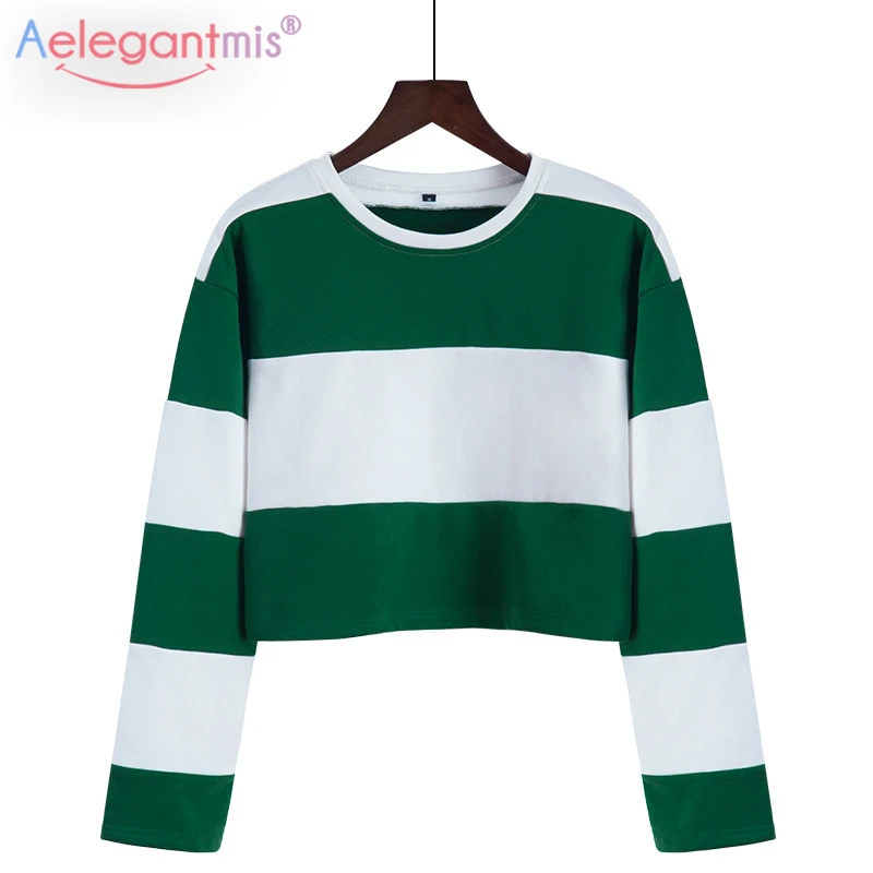 

Aelegantmis Loose Sweatshirts Women Spring Autumn Fashion Sweet Short Sweatshirt Femmel Casual Top Black White Stripes 2019