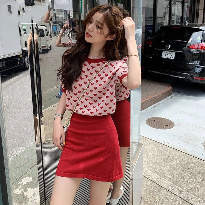

Fashion suit female summer 2019 love knitting suit female students Korean women's two-piece skirt women