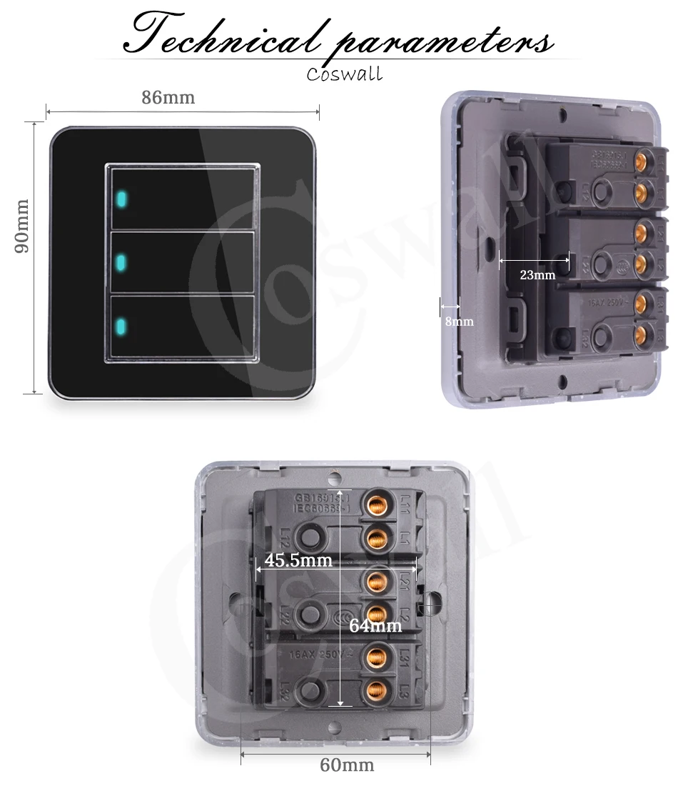 Coswall Новое поступление 3 банды 1 способ случайный щелчок вкл/выкл настенный светильник с Светодиодный индикатор акриловая кристальная панель