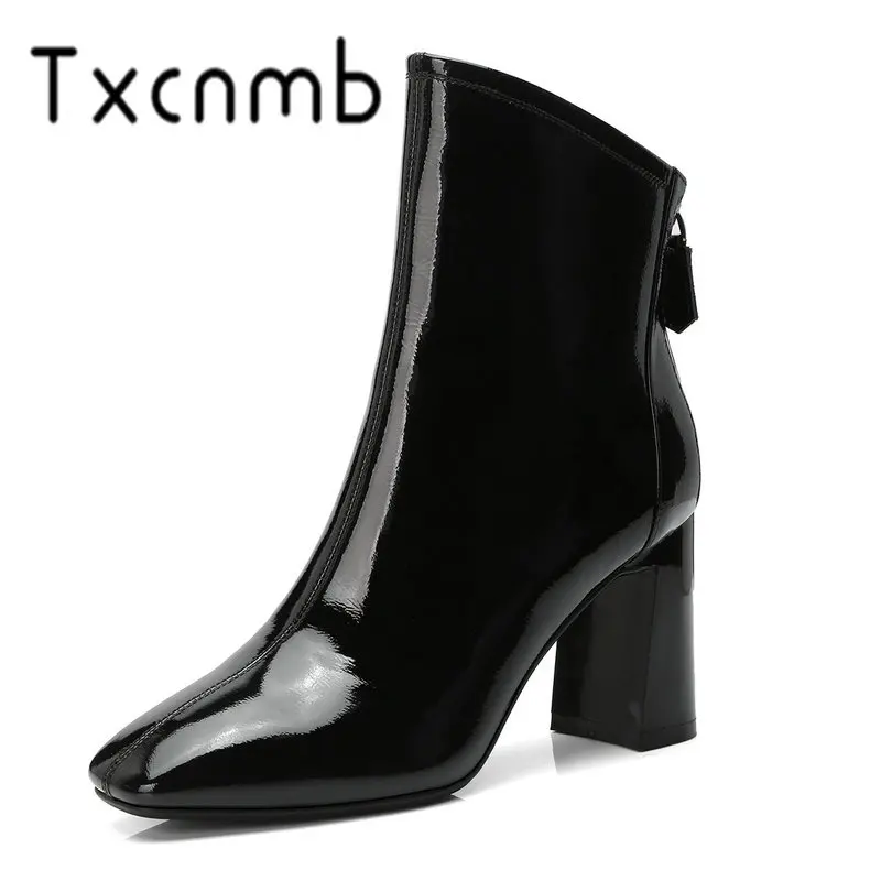 

TXCNMB 2019 Boots Women Ankle Boots for Women Winter Genuine Leather Square High Heel Shoes Woman