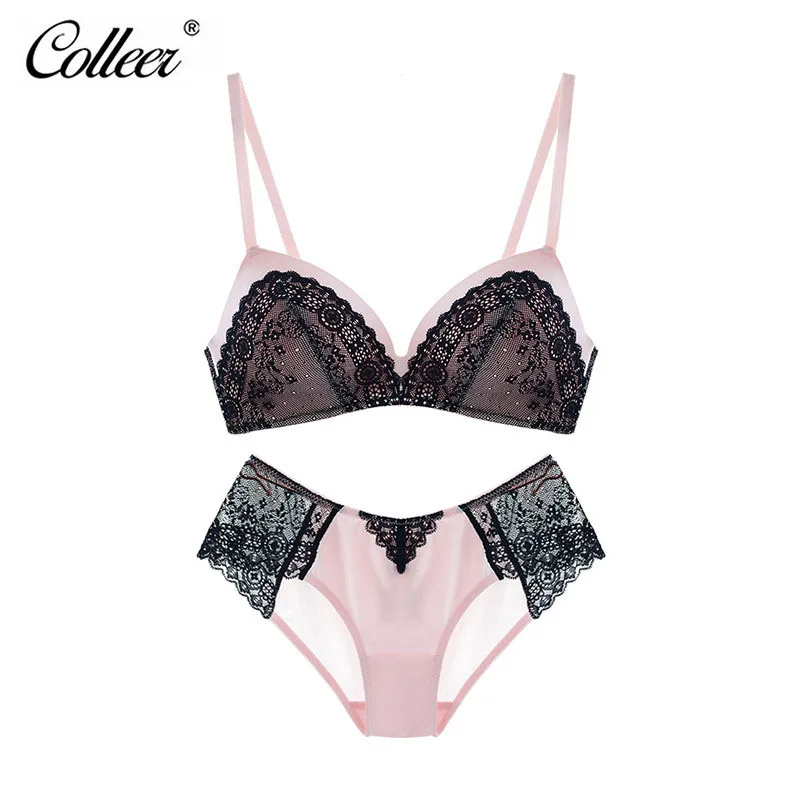 COLLEER Newest Bra Set Underwear Sexy Chemical Lace Transparent Ultra Thin Adjustable Lace Push Up Bra