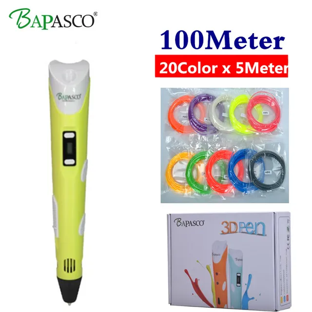 Cheap BAPASCO 3D Pen LED Screen DIY 3D Printing Pen 100m ABS Filament Creative Toy Gift For Kids Design Drawing