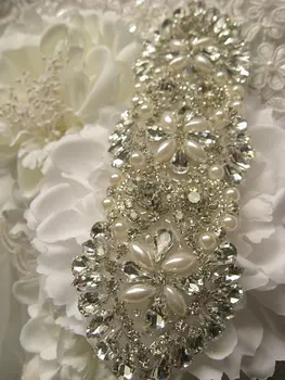 

pearl beaded rhinestone bridal Applique, crystal bridal Sash applique, diamond wedding applique