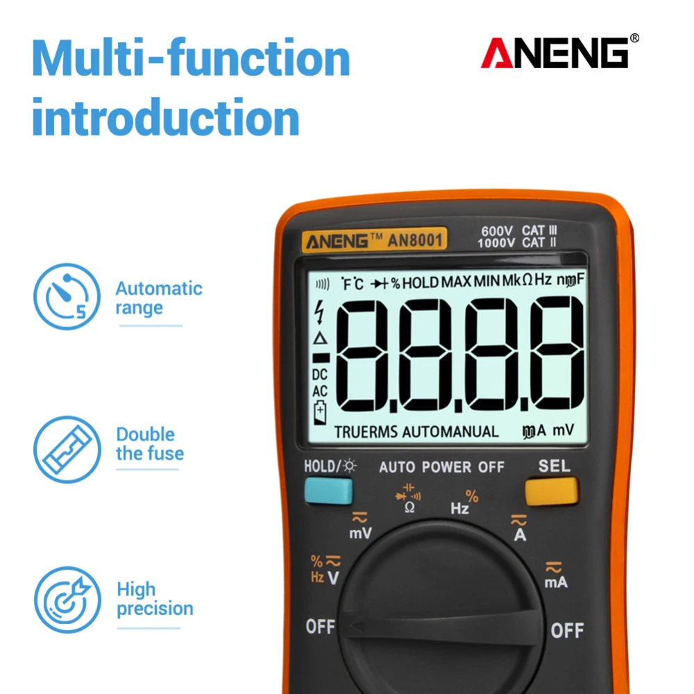 AN8001 capacitor tester Digital Multimeter profesional 6000 counts esr meter richmeters voltage current clamp be true leads