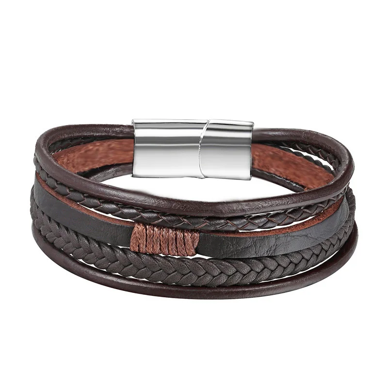 

2019 Fashion Leather Weaving Rope Chains Men's Jewelry Bracelet Stainless Steel Magnetic Buttons Charm Bracelet Friendship Gift