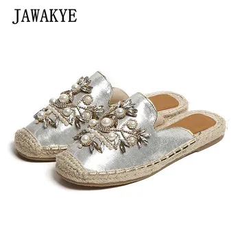 

Summer Casual Flat Jeweled Slippers Women Straw soles girls Mules flat heel Pearl Flower Flip Flop Outdoor Slid Summer Sandals