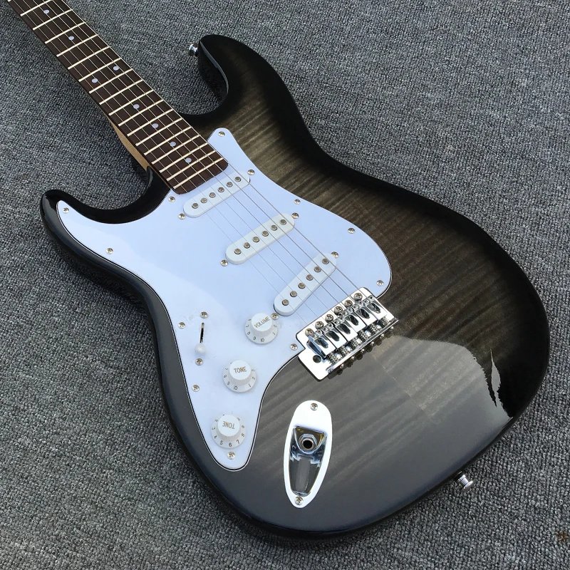 

High-quality Left Hand Transparent Black Electric Guitar, Ash body Guitarra, Flame Maple top, Maple Neck & Fretboard