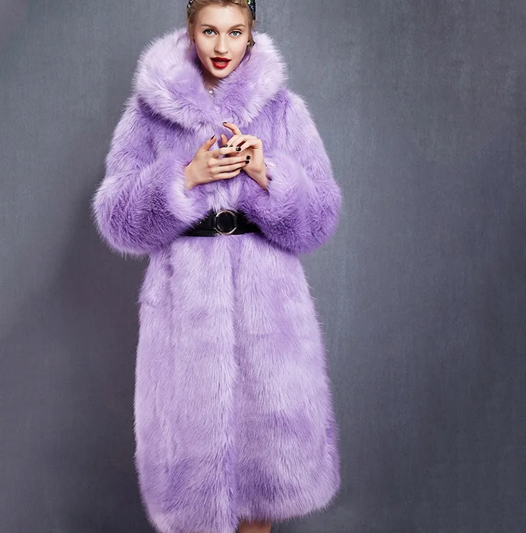 Plus Size 2015 New Winter Women Faux Fur Purple Violet Coat With Hood