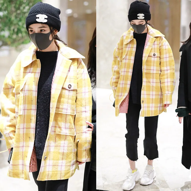 

2019 Early Spring Mingxingyangmi Airport In The Same Yellow Grid Long Korean Version Loose Casual Shirt Coat Tide Sweater Women