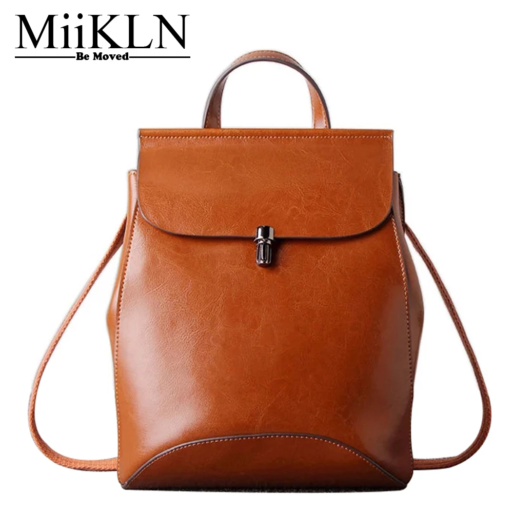 

MiiKLN Genuine Leather Backpack For Women Solid High Quality Cow Leather Women Backpack Travel Shopping School Girl Bag Zipper