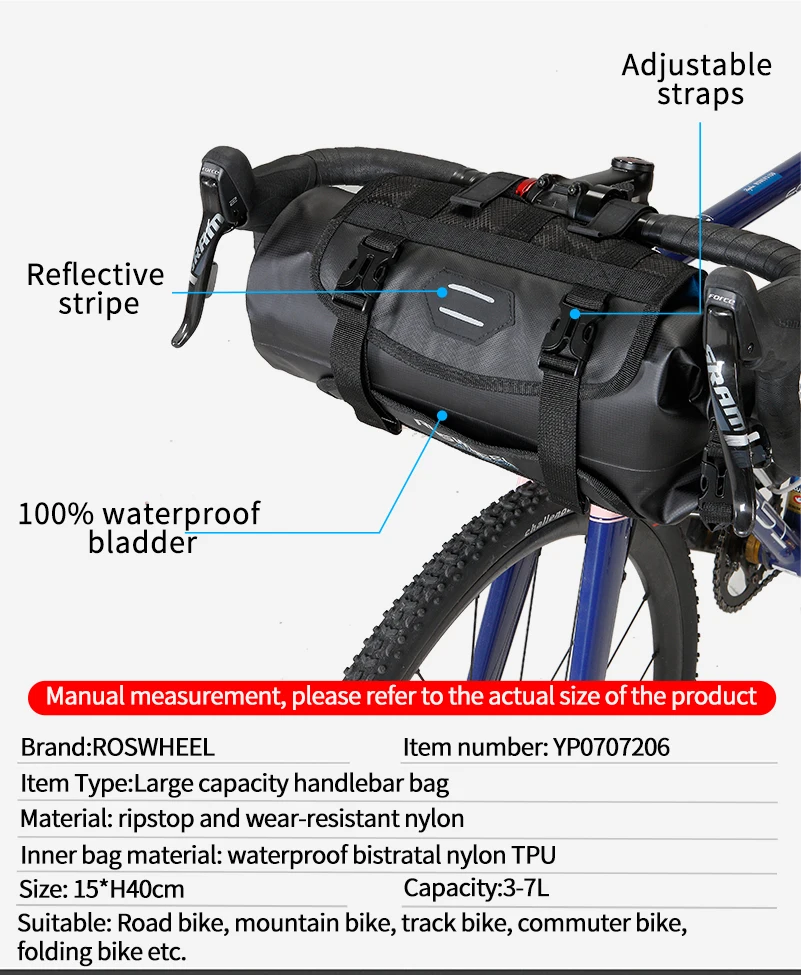 ROSWHEEL, водонепроницаемая велосипедная сумка на руль, велосипедная сумка на переднюю трубу, карманная сумка для Bikepacking, 3-7L, нейлоновая сумка для пеших прогулок, велосипедная сумка