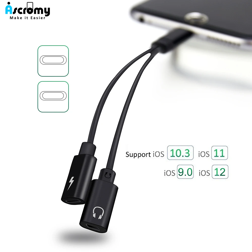 

Ascromy 2 in 1 Dual Jack Audio phone Connector Adapter Charging Splitter Cable For iphone X 8 7 Plus earphone headphone Accessor
