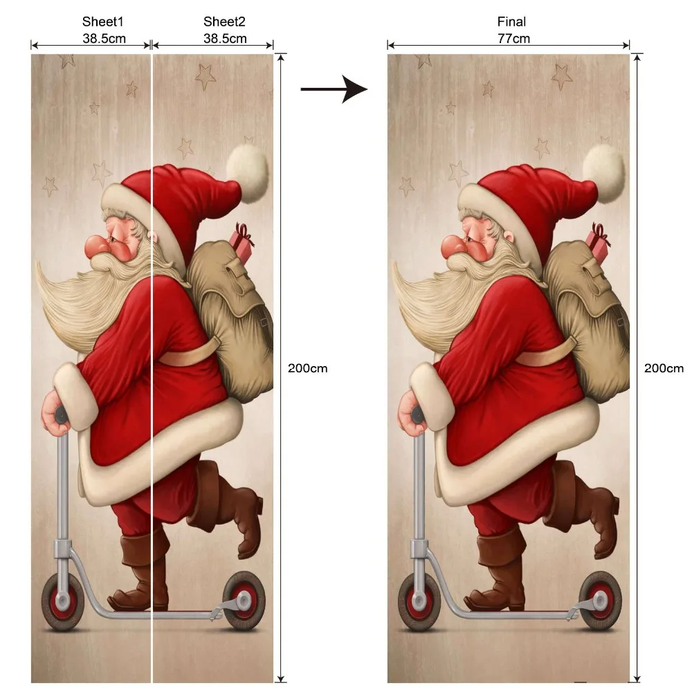 Рождественская декоративная 3D дверная Фреска, наклейка Санта Клаус, настенная художественная, домашний декор, самоклеющаяся Наклейка на стену, отклеивающиеся обои