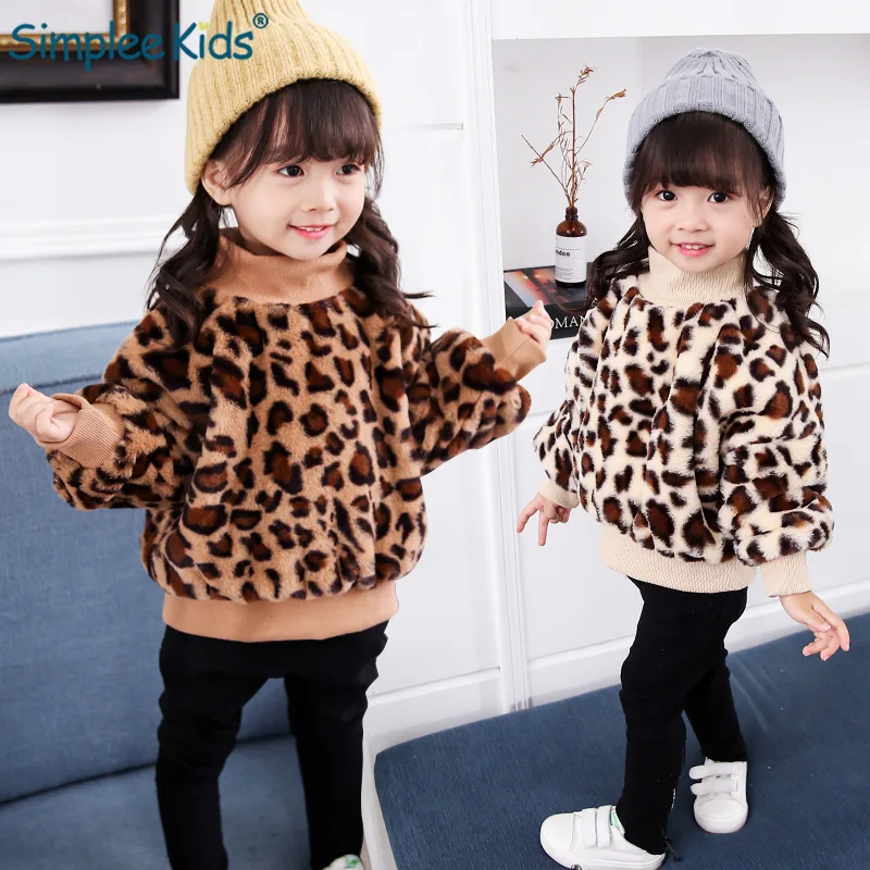 

Simplee Kids Leopard Print Girls Sweatshirt with Thick Cotton Velvet Thermal Winter Children Clothes Fashion Girl Pullover Coat