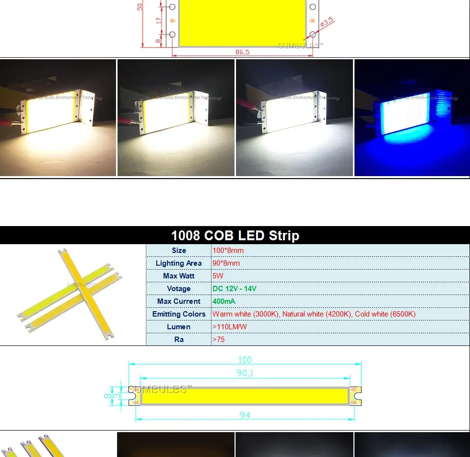 DC12V COB LED Strip Light Source 5W 10W 20W 50W 200W 300W LED Bulb White Blue Red Flip Chip COB Lamp DIY House Car Lighting 12V (3)