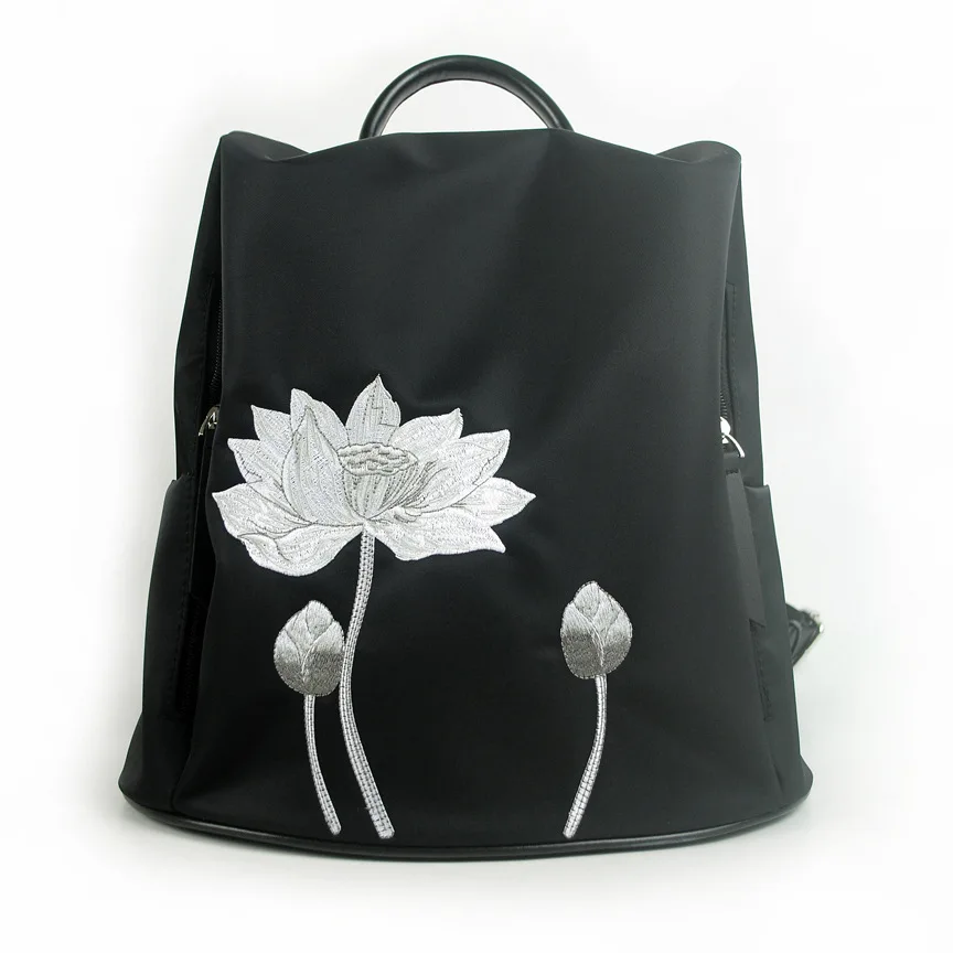 

Floral Women Backpack Waterproof Nylon Double Zipper Pocket Embroidery School Bag For Teenage Girls Back Pack Sac A Dos