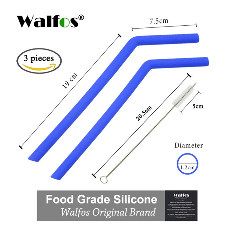 WALFOS 2 шт многоразовые соломинки для питья Пищевая силиконовая соломинка яркая соломинка для питья с чистящей щеткой - Цвет: big blue