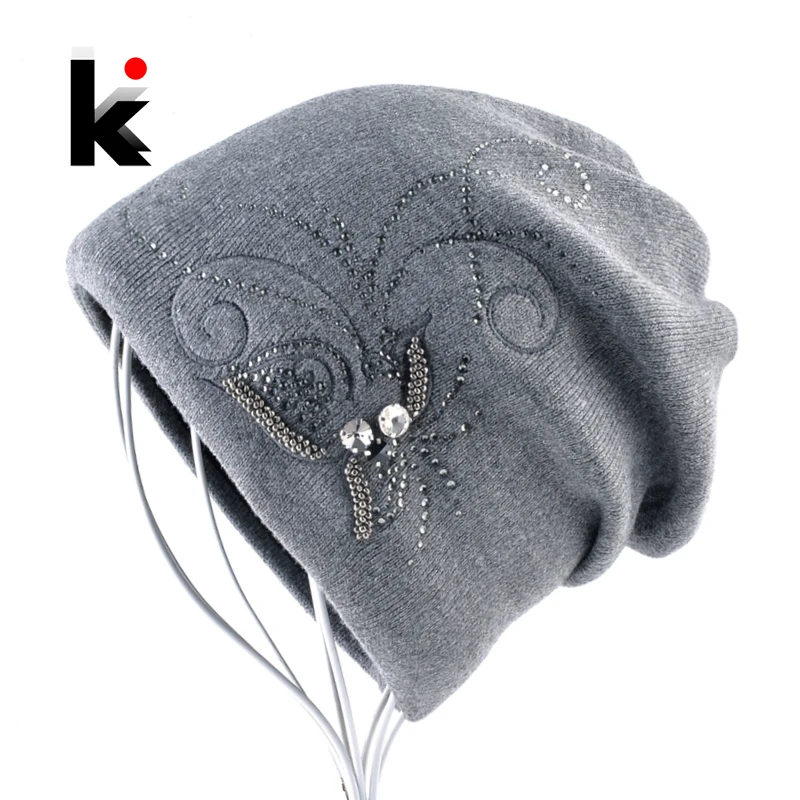 

Women's Winter Knitted Wool Beanie Ladies Elegant Embroidery Jewelry Hats For Women Warm Knitting Skullies Beanies Female Bonnet