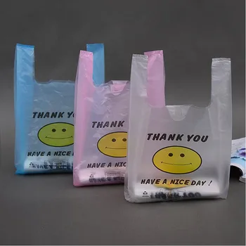 

100pcs High Quality Thicker 5D Supermarket Yellow Lovely Smile White Vest Plastic Carrier Shopping Hand Bag Packaging Bags
