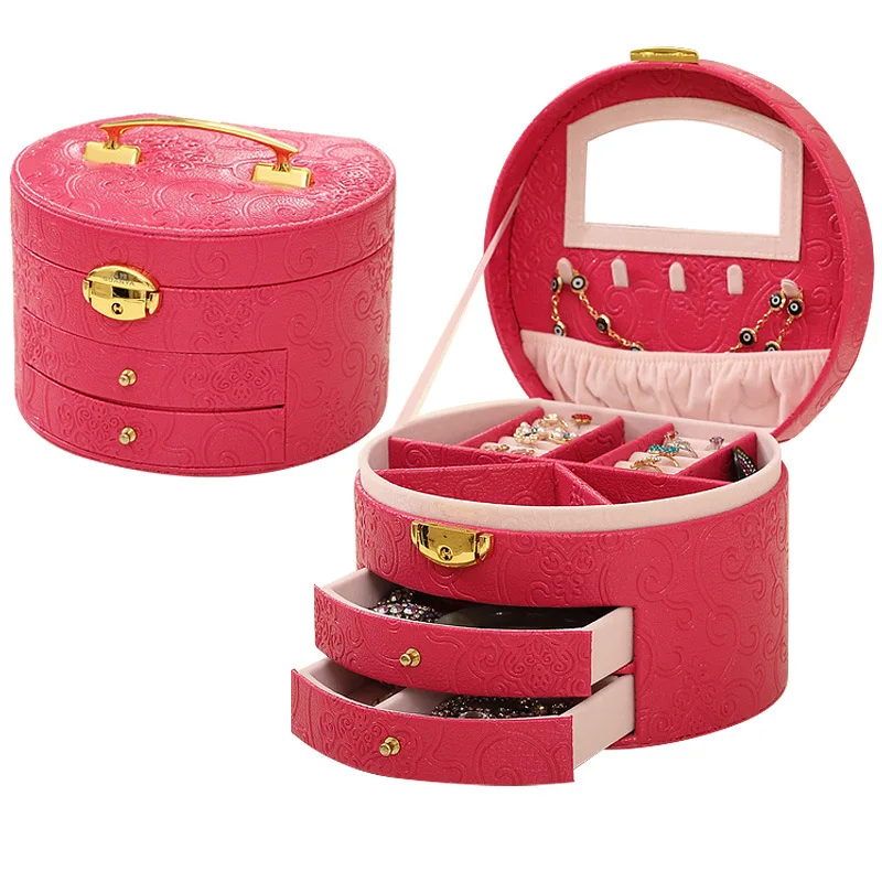 

Guanya High Grade Jewelry Display Box 3 Layer Ring Necklace Jewelry Carrying Case Leather round Jewelry Display Organizer