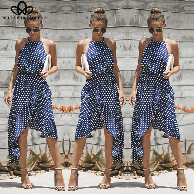 Wonder Summer Polka Dot Halter Neck Sleeveless Off Shoulder Dress Sexy Ruffles Irregular Beach Sundress Elegant Dresses 2019 3XL