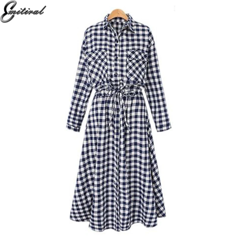 

Emitiral 2018 Spring Fashion Women Dress Vintage Check Pattern Long Shirt Dress Casual Plaid Tunic Dress Plus Size 5XL Vestidos