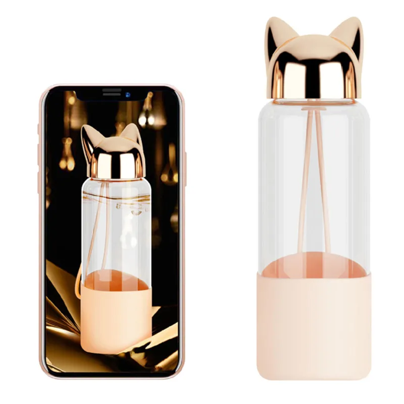 

Cute Fox Glass Water Bottle Transparent Bottle For Water Bicycle Tour Sport Non-slip Drinkware Gift Portable Water Bottle A1
