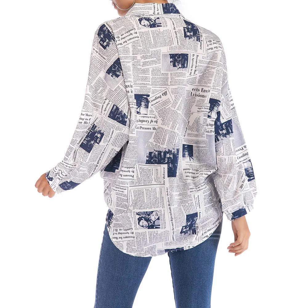 Модная женская блузка с газетным принтом, рубашка, свободная, отложной воротник, длинный рукав, блузки, топы, Дикие повседневные рубашки, блуза@ 35